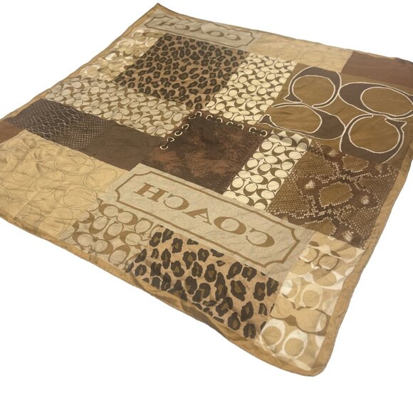 Vintage COACH Square Scarf Logo Brown Animal Print Leopard Snake 100% Silk RARE - Picture 4 of 8